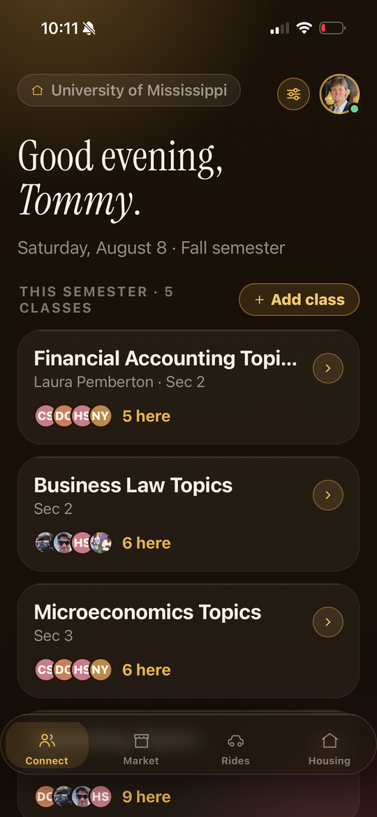 The Connect tab showing a student's class schedule with classmate counts