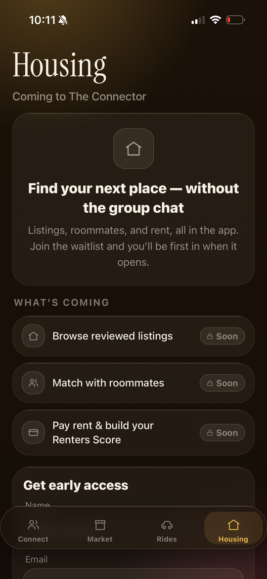 The Housing screen showing what's coming and the waitlist signup