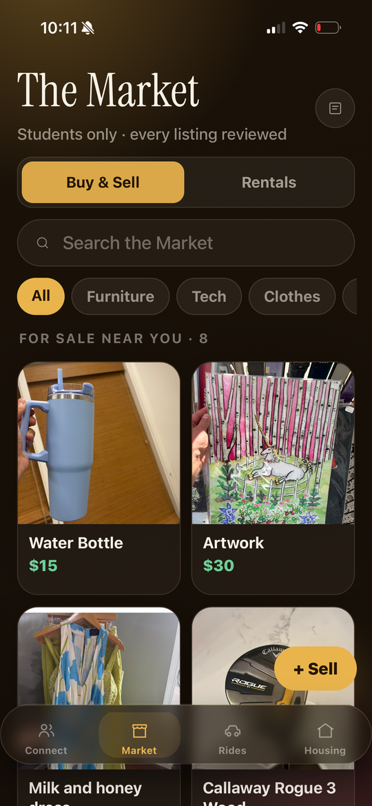 The Market tab showing a grid of student listings with prices